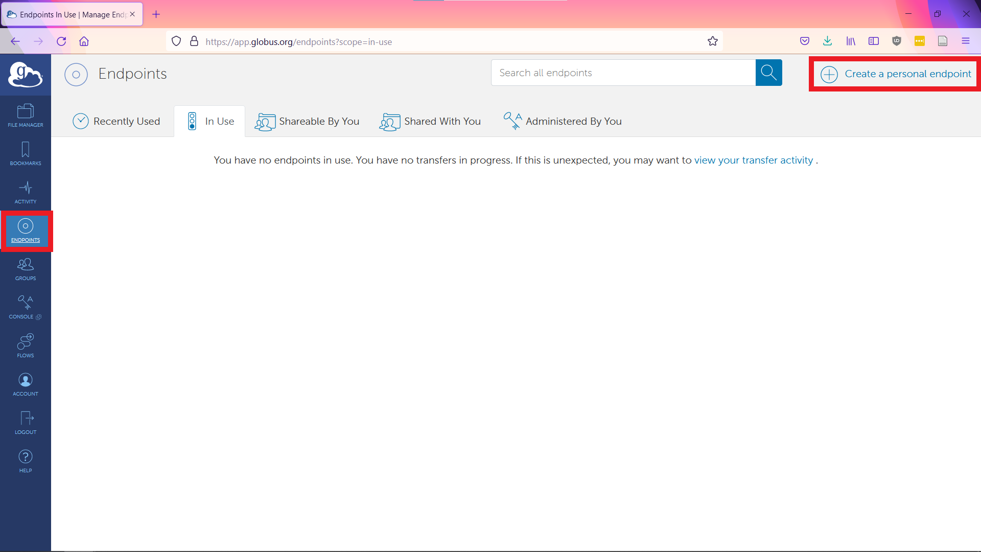 "Endpoints" > "In Use"
