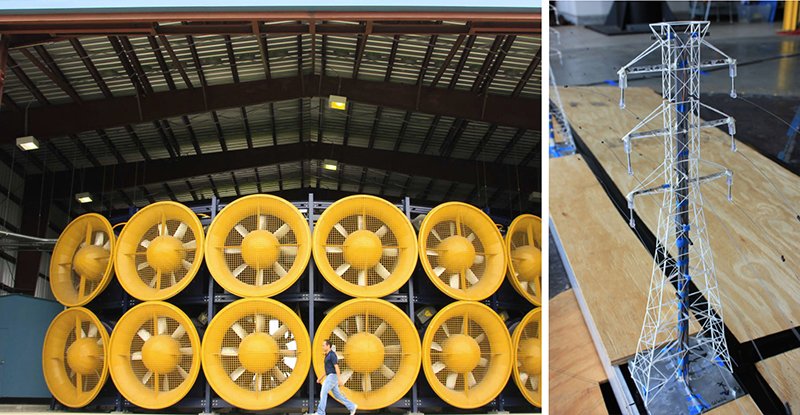 a large matrix of enormous fans and small scale model of power lines