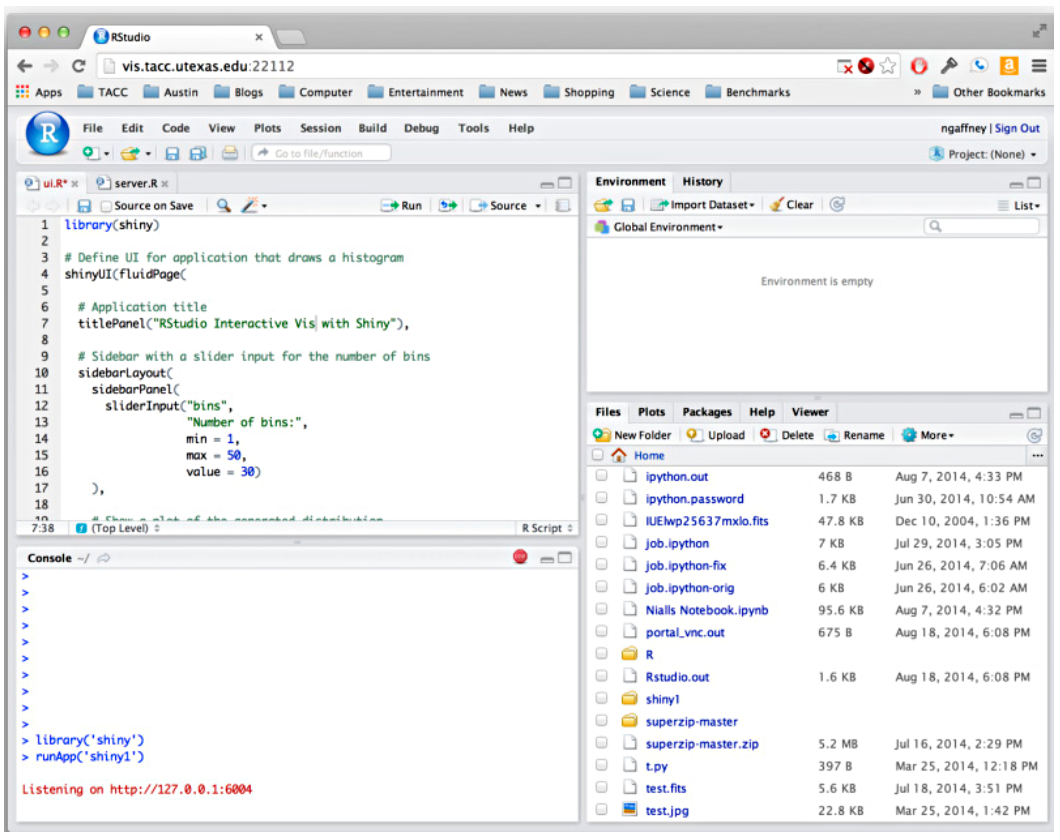 Figure 2: Web-based interactive R workspace from TACC Analytics Portal. Applications like R, MATLAB, and commercial applications will be adapted to run within the Discovery Workspace in similar containers.