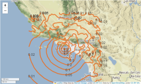 Plot of USGS Shakemap contours showing peak ground acceleration for an earthquake in southern California